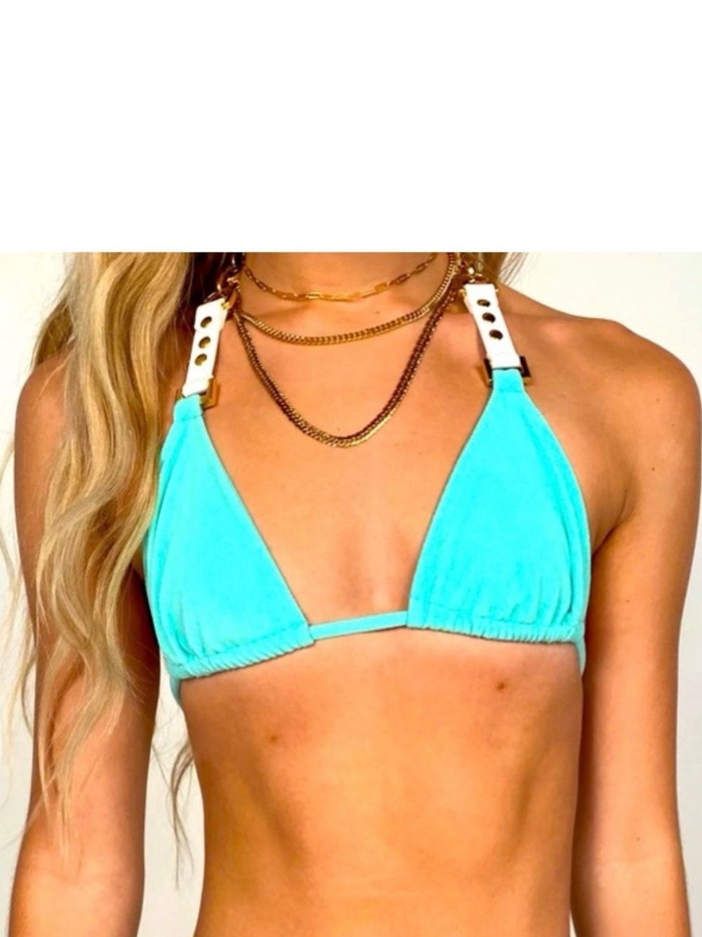 Beach Bunny Olivia aqua Triangle Bikini Top with White Strap Hardware
